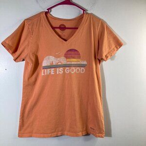 Womens Life is Good V Neck Crusher Tee Guitar Music Sunset Classic Fit‎ Peach M